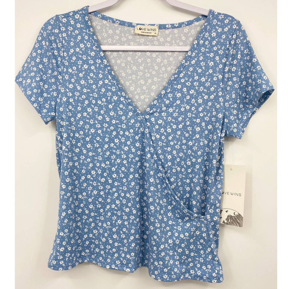 Love Wins Blue Floral Surplice V-Neck Faux Wrap Short Sleeve Shirt - NEW